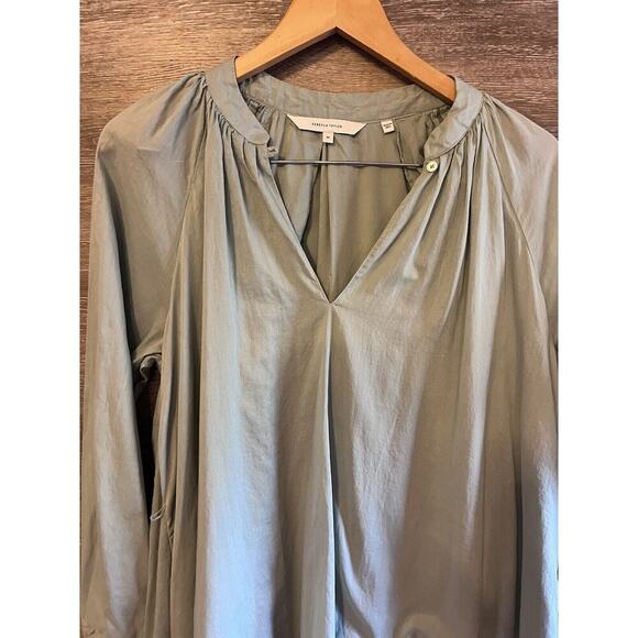 Rebecca Taylor Dress Sz M Sage Green V Neck Cotton Lined Long Sleeves Pockets - Picture 9 of 10